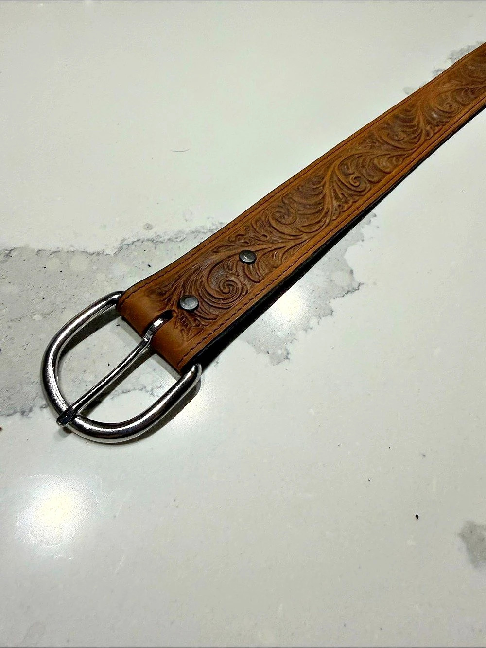 Justin Western Scroll Tooled Belt Brown & Silver Waist 30-33”